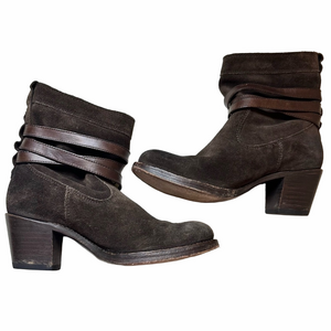 Frye Jane Strappy Oiled Suede Leather Heeled Short Boot Brown Women Size 5 1/2